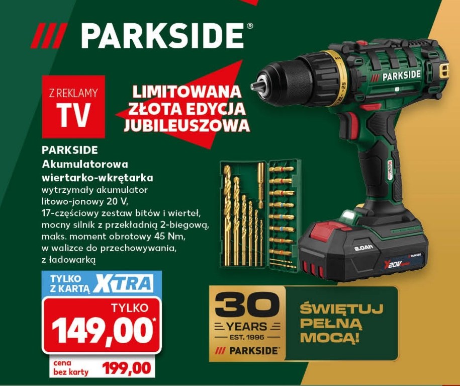 Wiertarko-wkrętarka Parkside 20 V w złotej edycji jubileuszowej z walizką i zestawem bitów, 149 zł z kartą Kaufland Card XTRA
