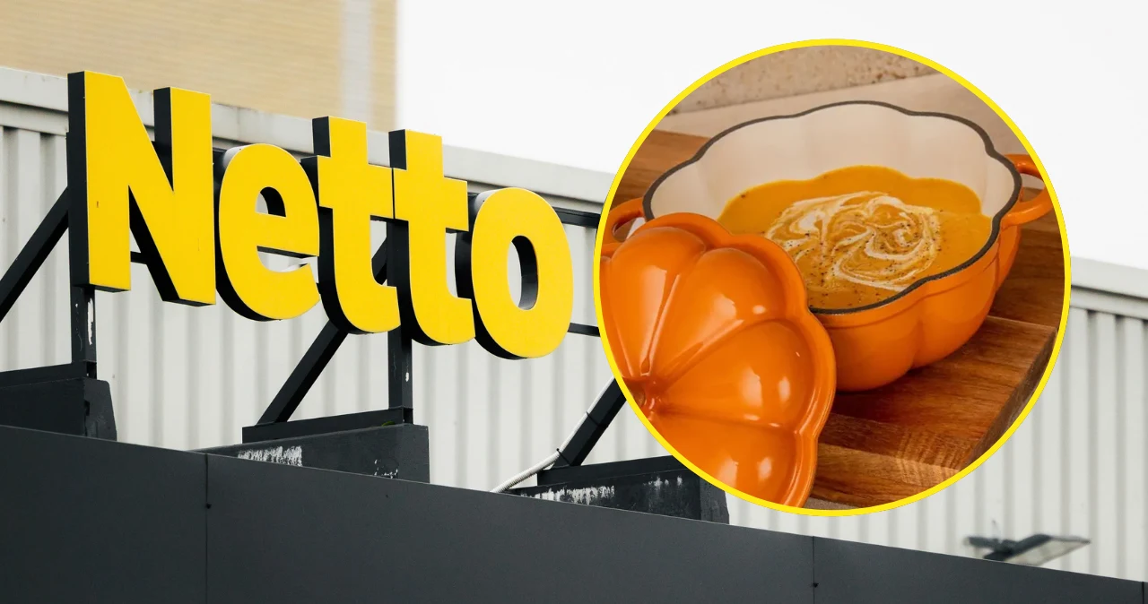 Ten jesienny garnek stał się hitem. Od czwartku w Netto żeliwna dynia za 89 zł Logo sklepu Netto oraz ceramiczna miska w kształcie dyni z zupą dyniową, śmietaną i pestkami.