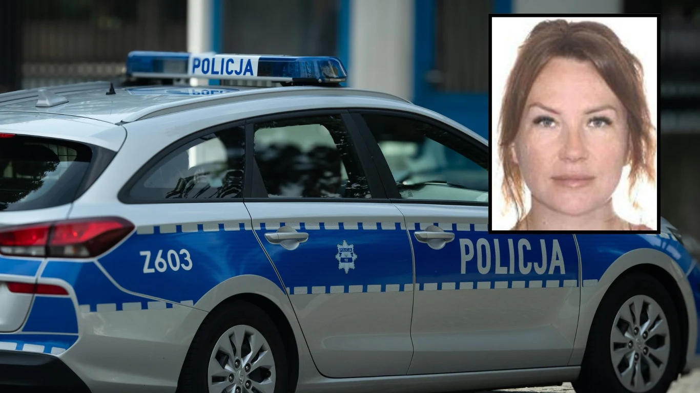Przełom w poszukiwaniach zaginionej Emilii Koprowskiej Radiowóz policyjny z oznaczeniami, w prawym górnym rogu portret Emilii Koprowskiej