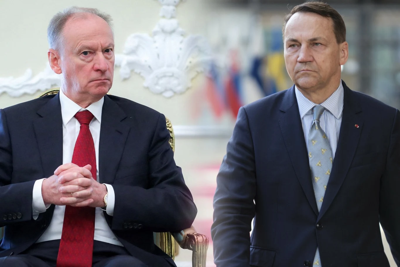 Doradca prezydenta Rosji Nikołaj Patruszew odpowiedział Radosławowi Sikorskiemu Nikołaj Patruszew i Radosław Sikorski siedzą naprzeciw siebie w oficjalnym wnętrzu z rozmytymi flagami w tle.