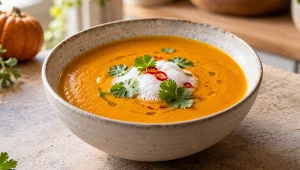 Krem z dyni z galangalem, chili i kolendrą z pianą kokosową
