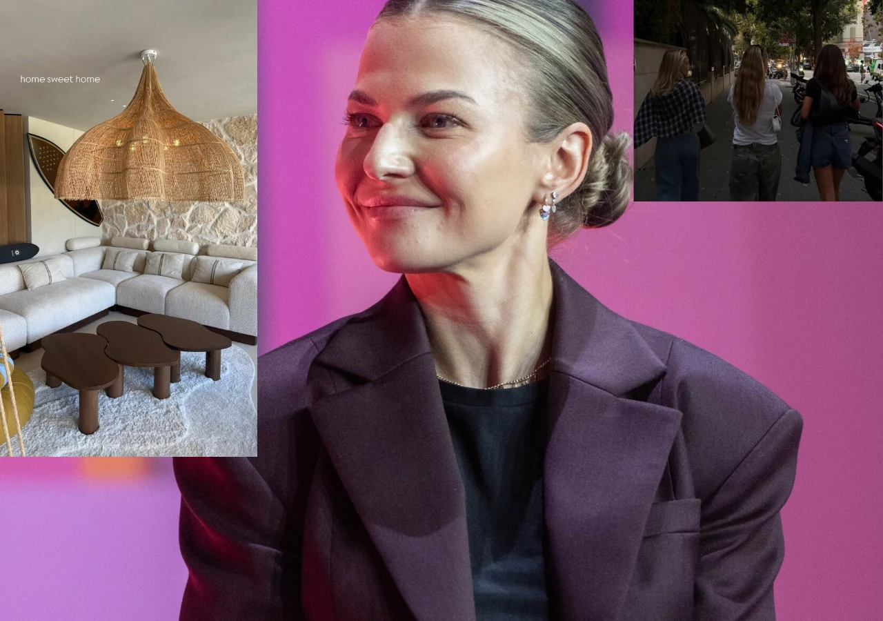 Anna Lewandowska wróciła do Barcelony Uśmiechnięta kobieta w ciemnym żakiecie na różowym tle, w tle dwa wstawione zdjęcia: nowocześnie urządzonego salonu z dużą plecioną lampą oraz grupy osób idących ulicą.