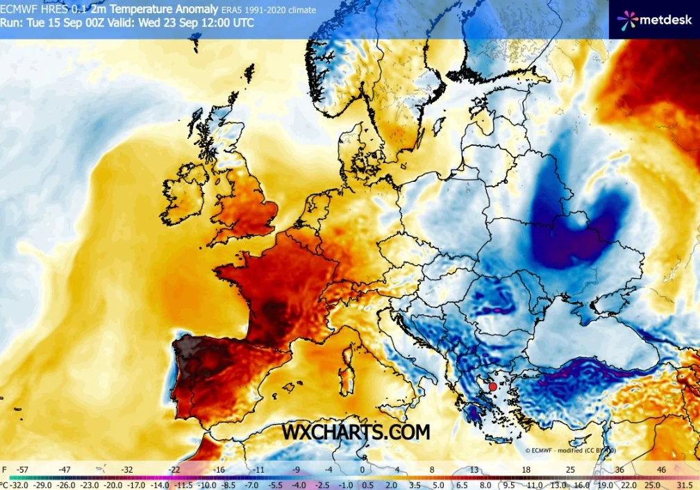 Zachodnia Europa objęta intensywnymi anomaliami ciepła, najbardziej widocznymi nad Francją i Hiszpanią, podczas gdy nad Europą Środkowo-Wschodnią i częściowo Rosją dominuje znacznie niższa temperatura względem normy.