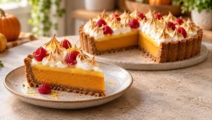 Pumpkin pie z ciasteczek korzennych, lemon curdem, malinami i bezą włoską