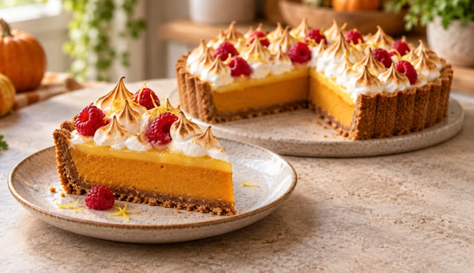 Pumpkin pie z ciasteczek korzennych, lemon curdem, malinami i bezą włoską