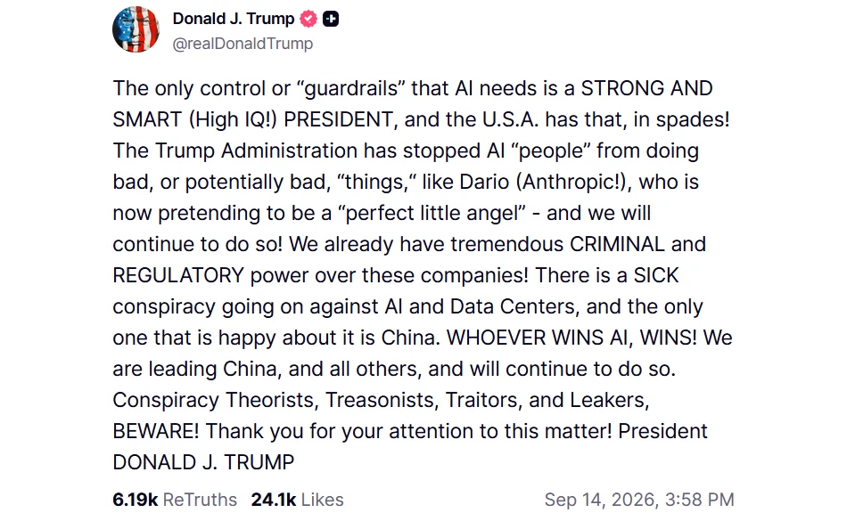 Donald Trump pragnie szybkiego i niekontrolowanego rozwoju AI za wszelką cenę Post na platformie X opublikowany przez użytkownika o nazwie Donald J. Trump, zawierający długi tekst na temat sztucznej inteligencji, przewagi Stanów Zjednoczonych oraz działań administracji Trumpa względem firm AI, z wyraźnie zaznaczonymi opiniami na...