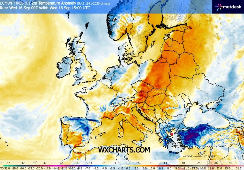 W większości Polski w środę będzie ciepło. Miejscami można liczyć nawet na 26 st. C Mapa Europy pokazująca anomalie temperatury powietrza względem średniej z lat 1991-2020, z zaznaczeniem wyraźnego ocieplenia w Europie Środkowej, Wschodniej i na północy kontynentu oraz obszarów chłodniejszych w południowo-zachodniej części regionu.