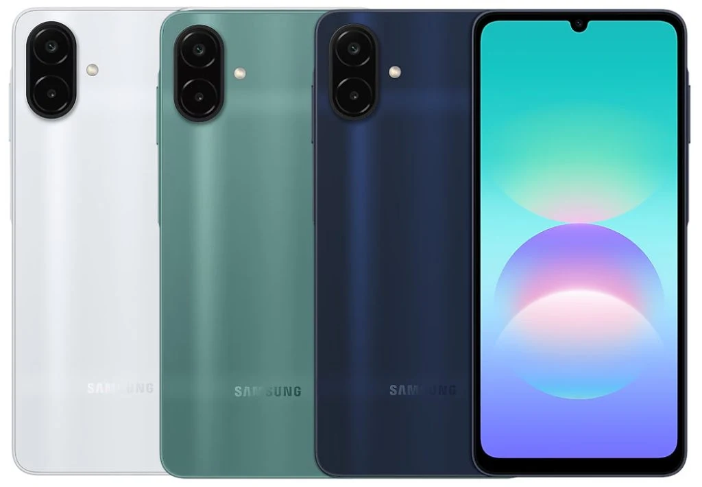 Trzy smartfony Samsung w różnych kolorach, ustawione tylną częścią obudowy do przodu, obok nich smartfon z widocznym kolorowym wyświetlaczem z gradientowym tłem.