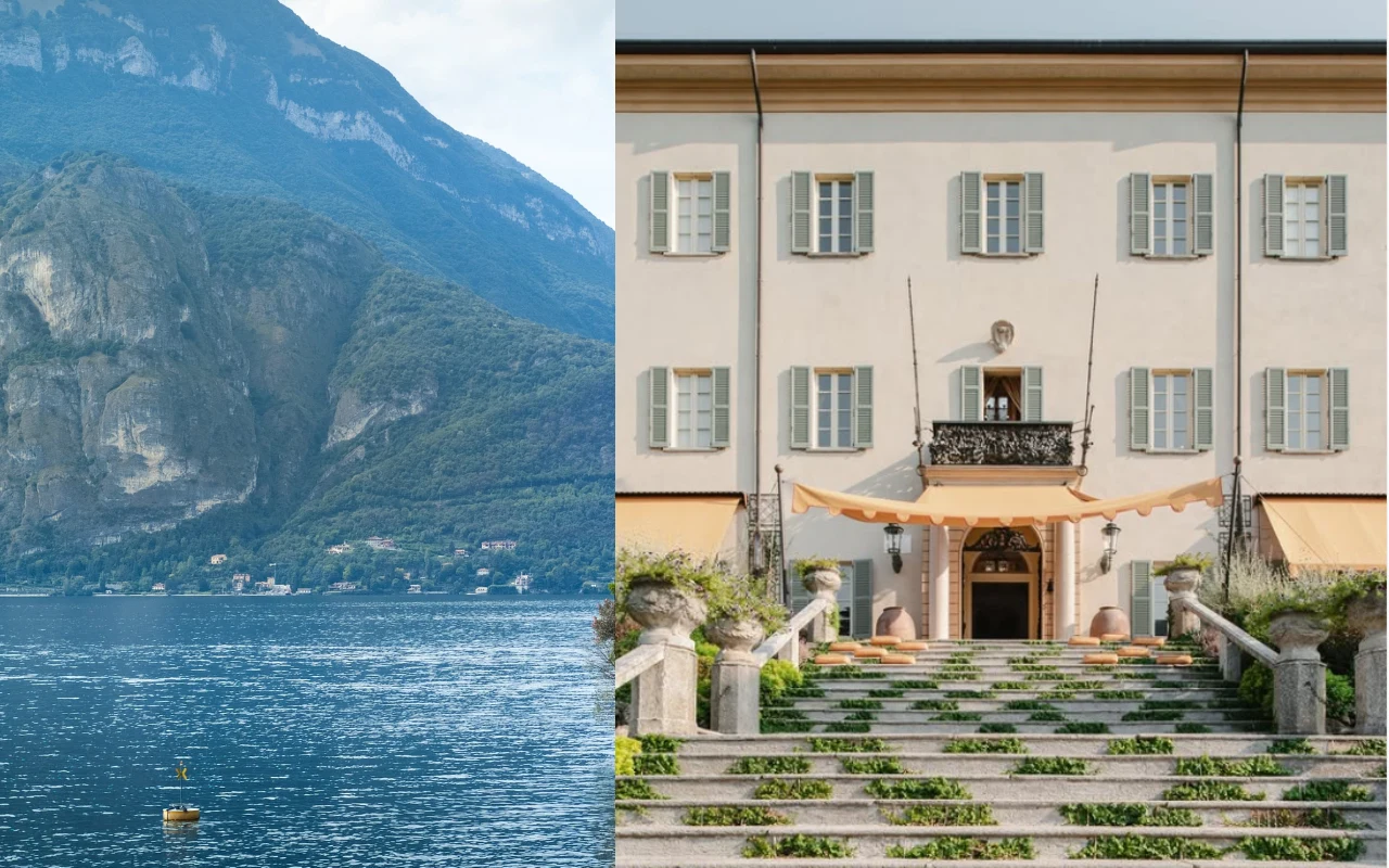 Hotel Passalacqua nad jeziorem Como to najlepszy hotel Europy i nr 5 na liście 50 najlepszych na świecie Z jednej strony malownicze jezioro z górami w tle, z drugiej elegancka willa z szerokimi schodami prowadzącymi do wejścia ozdobionego roślinami.