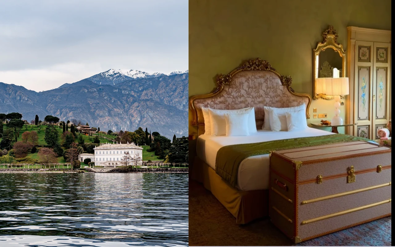 Wystrój jak z filmu, widoki jak z bajki. Piąty hotel świata robi ogromne wrażenie, chociaż ma tylko 24 pokoje Luksusowa rezydencja z widokiem na jezioro i góry oraz elegancka sypialnia z dużym, ozdobnym łóżkiem, stylowym lustrem i klasyczną walizą ustawioną u jego stóp.