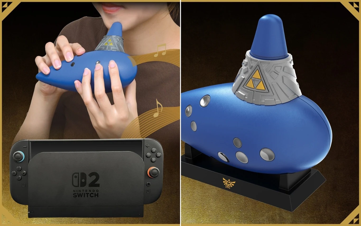 HORI Electric Ocarina of Time HORI Electric Ocarina of Time, niebieska okaryna z motywem Triforce na podstawce obok Nintendo Switch.