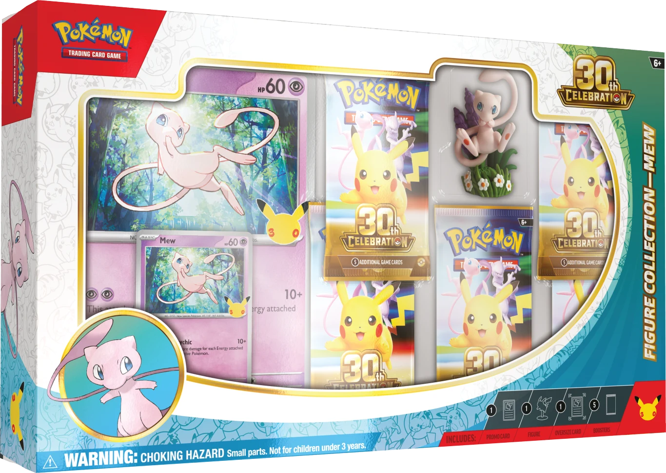 Pokémon Trading Card Game: 30th Celebration Pokémon TCG: 30th Celebration. Kolekcjonerski zestaw z kartą Mew, figurką, 4 boosterami i opakowaniem 30-lecia.