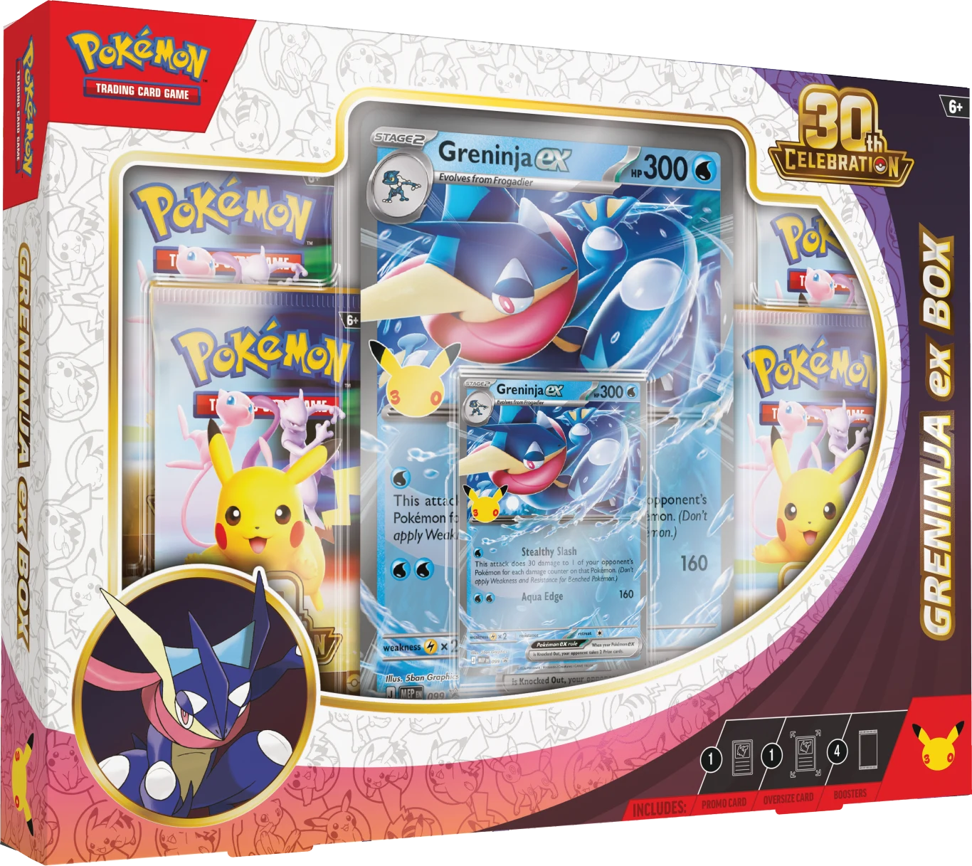 Pokémon Trading Card Game: 30th Celebration Zestaw kolekcjonerski Pokémon 30th Celebration zawierający kartę Greninja EX, cztery boostery Pokémon Trading Card Game oraz metalową monetę z wizerunkiem Pikachu.