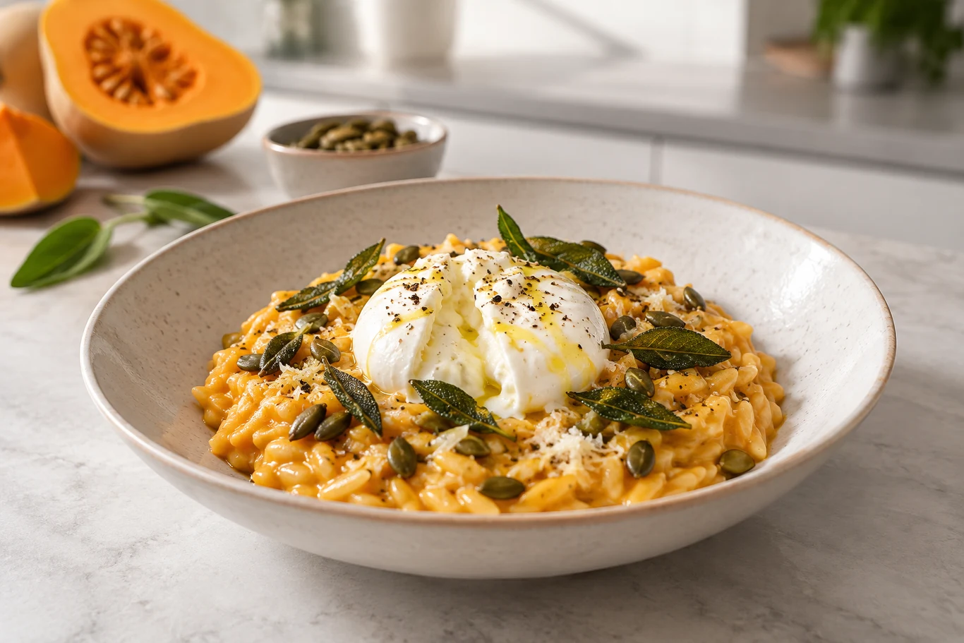Zamiast kolejnej zupy z dyni zrób orzo z sosem. Burrata robi tu całą robotę Kremowe orzo z pieczoną dynią, pestkami dyni, ziołami i jajkiem w koszulce na wierzchu na talerzu.