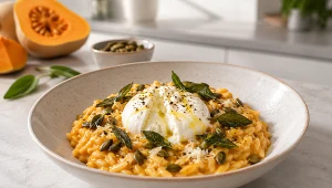 Zamiast kolejnej zupy z dyni zrób orzo z sosem. Burrata robi tu całą robotę