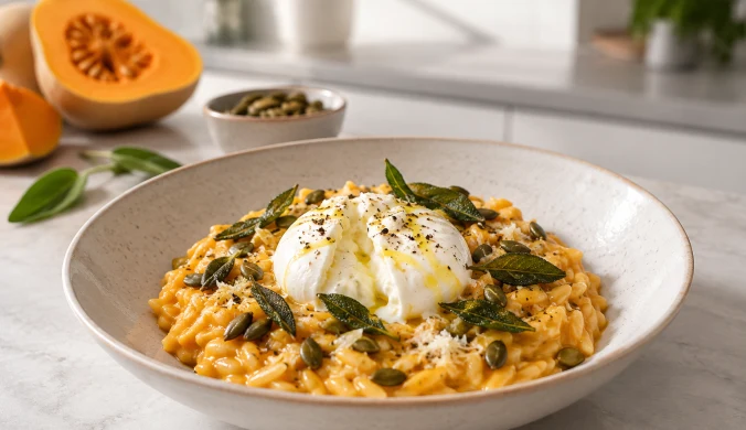 Zamiast kolejnej zupy z dyni zrób orzo z sosem. Burrata robi tu całą robotę