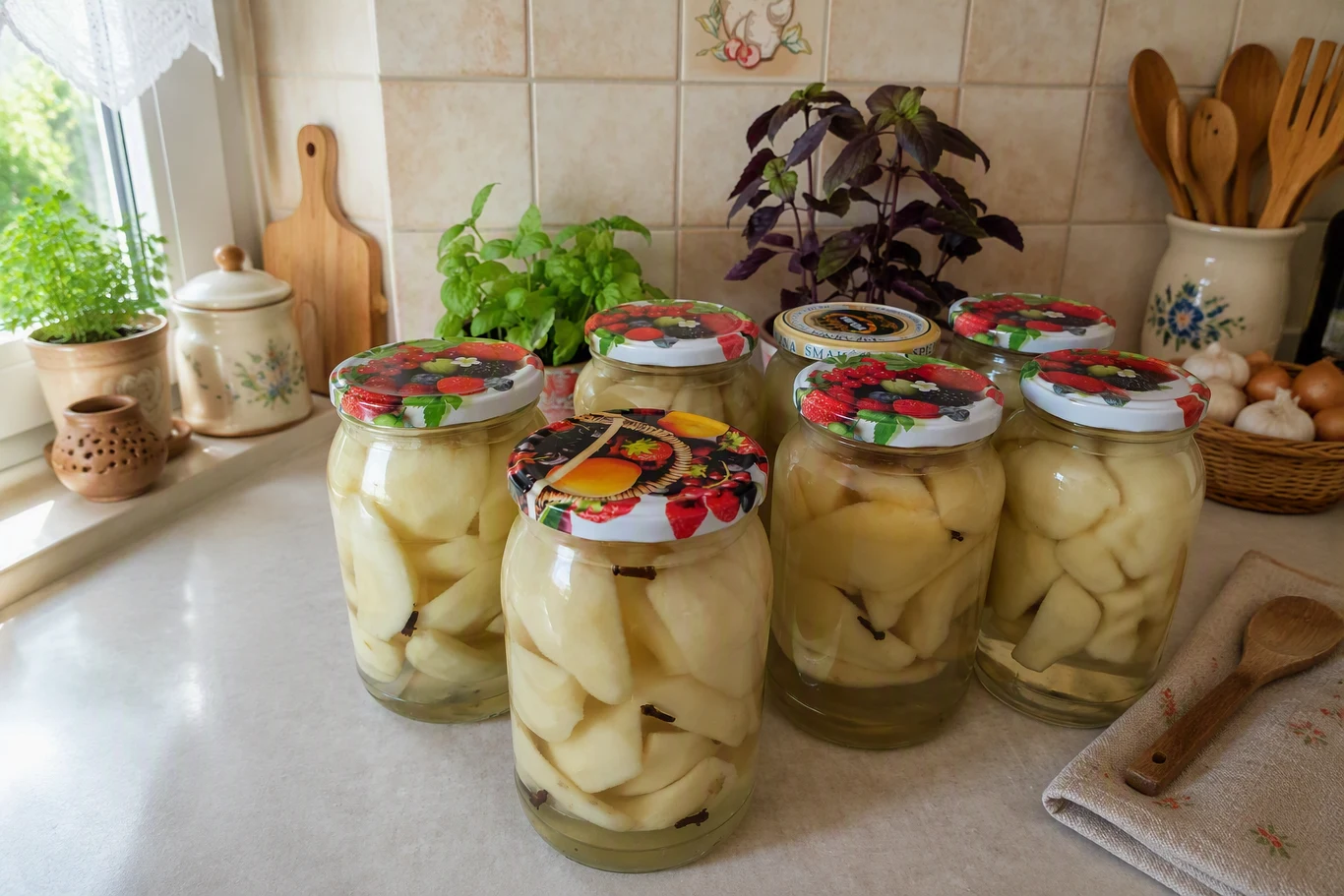 Syrop z gruszek w słoikach. Słoiki z syropem z gruszek na blacie wśród świeżych ziół, drewnianych akcesoriów i kuchennych pojemników.
