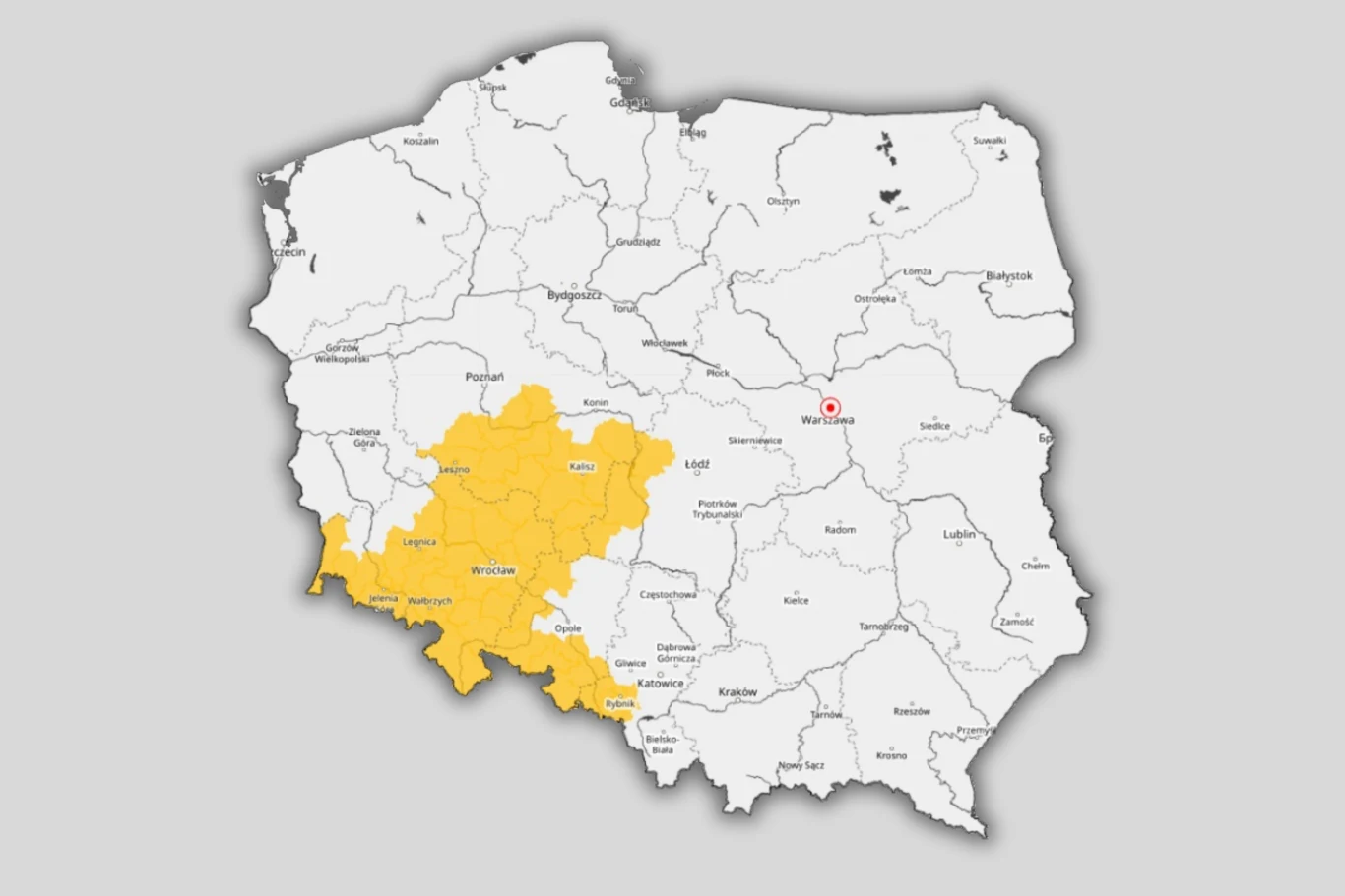 Zaznaczony na żółto obszar południowo-zachodniej Polski obejmuje województwo dolnośląskie i opolskie, reszta kraju przedstawiona w kolorze białym, z wyraźnymi granicami administracyjnymi.
