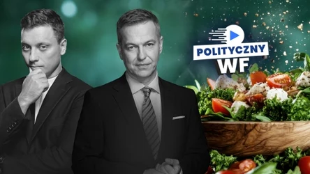 Dwóch elegancko ubranych mężczyzn w garniturach na tle kolorowej sałatki w drewnianej misce oraz logo programu 'Polityczny WF'.