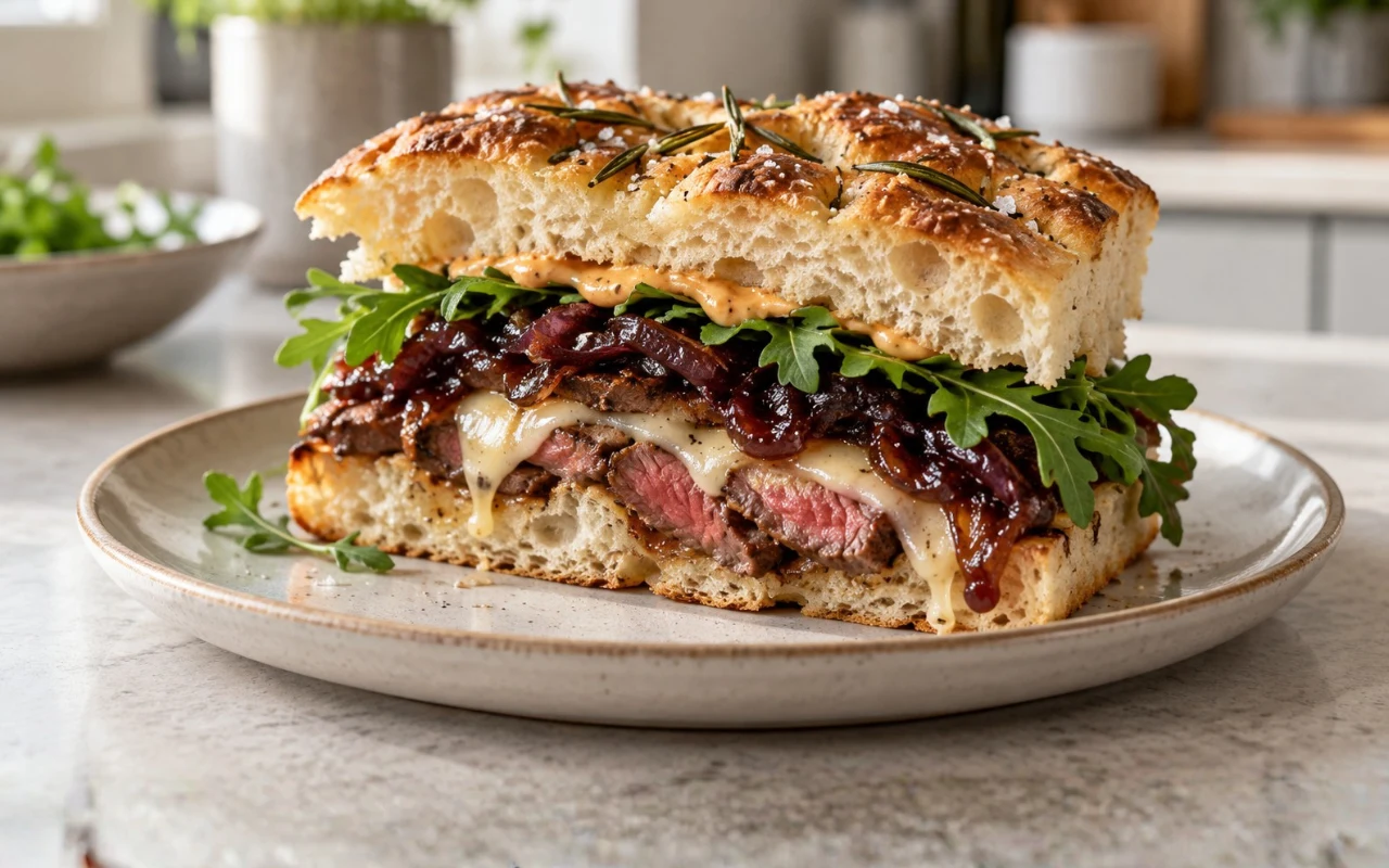 Steak sandwich z antrykotem, serem havarti i chutneyem z czerwonej cebuli Steak sandwich z antrykotem, serem havarti i chutneyem z czerwonej cebuli