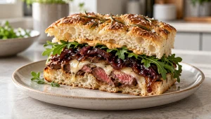 Steak sandwich z antrykotem, serem havarti i chutneyem z czerwonej cebuli