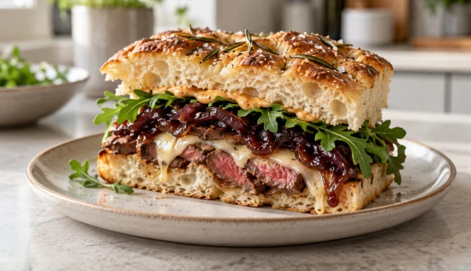 Steak sandwich z antrykotem, serem havarti i chutneyem z czerwonej cebuli