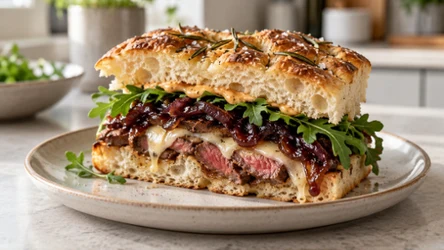 Steak sandwich z antrykotem, serem havarti i chutneyem z czerwonej cebuli