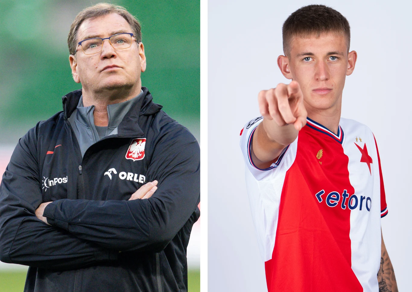 Jan Urban i Wiktor Nowak Po lewej stronie mężczyzna w okularach ubrany w ciemną kurtkę z godłem Polski na piersi, patrzący poważnie przed siebie z założonymi rękami; po prawej młody piłkarz w biało-czerwonej koszulce z emblematem drużyny, wyciągający rękę w kierunku obiektywu.