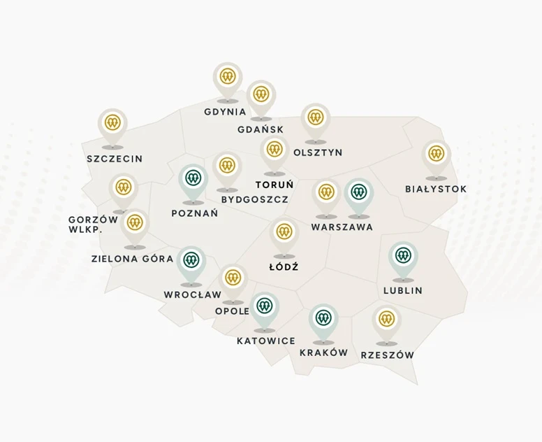 Mennica Polska Mapa Polski z zaznaczonymi największymi miastami oraz kolorowymi ikonami symbolizującymi różne kategorie lub funkcje przypisane do poszczególnych lokalizacji, oznaczenia rozmieszczone równomiernie nad nazwami miast w całym kraju.