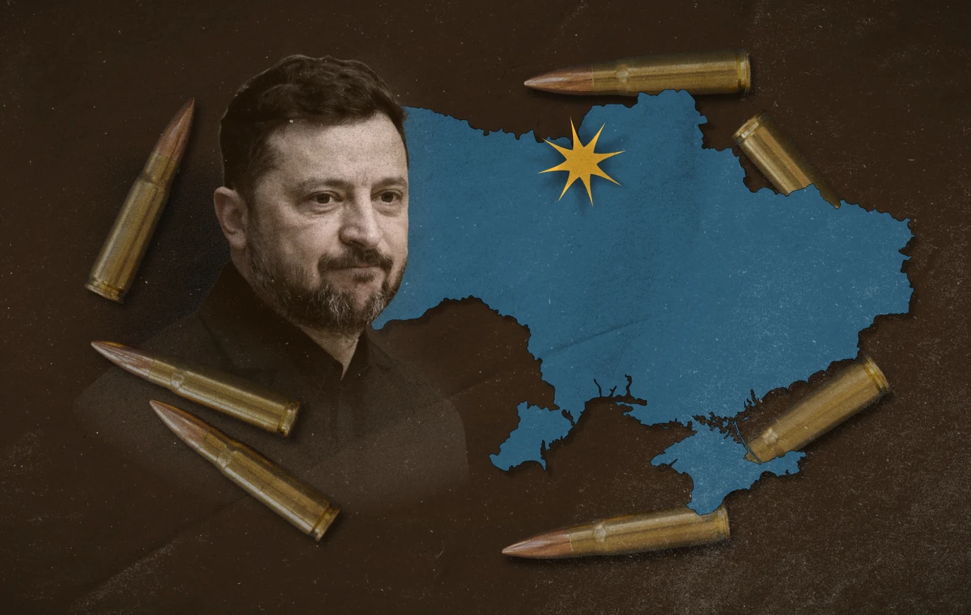 Ukraina mierzy się z brakami amunicji. Grafika: Magdalena Piasecka Mapa Ukrainy z wpisanym wizerunkiem mężczyzny, otoczona sześcioma nabojami i oznaczona symbolem wybuchu na północno-wschodnim obszarze kraju.