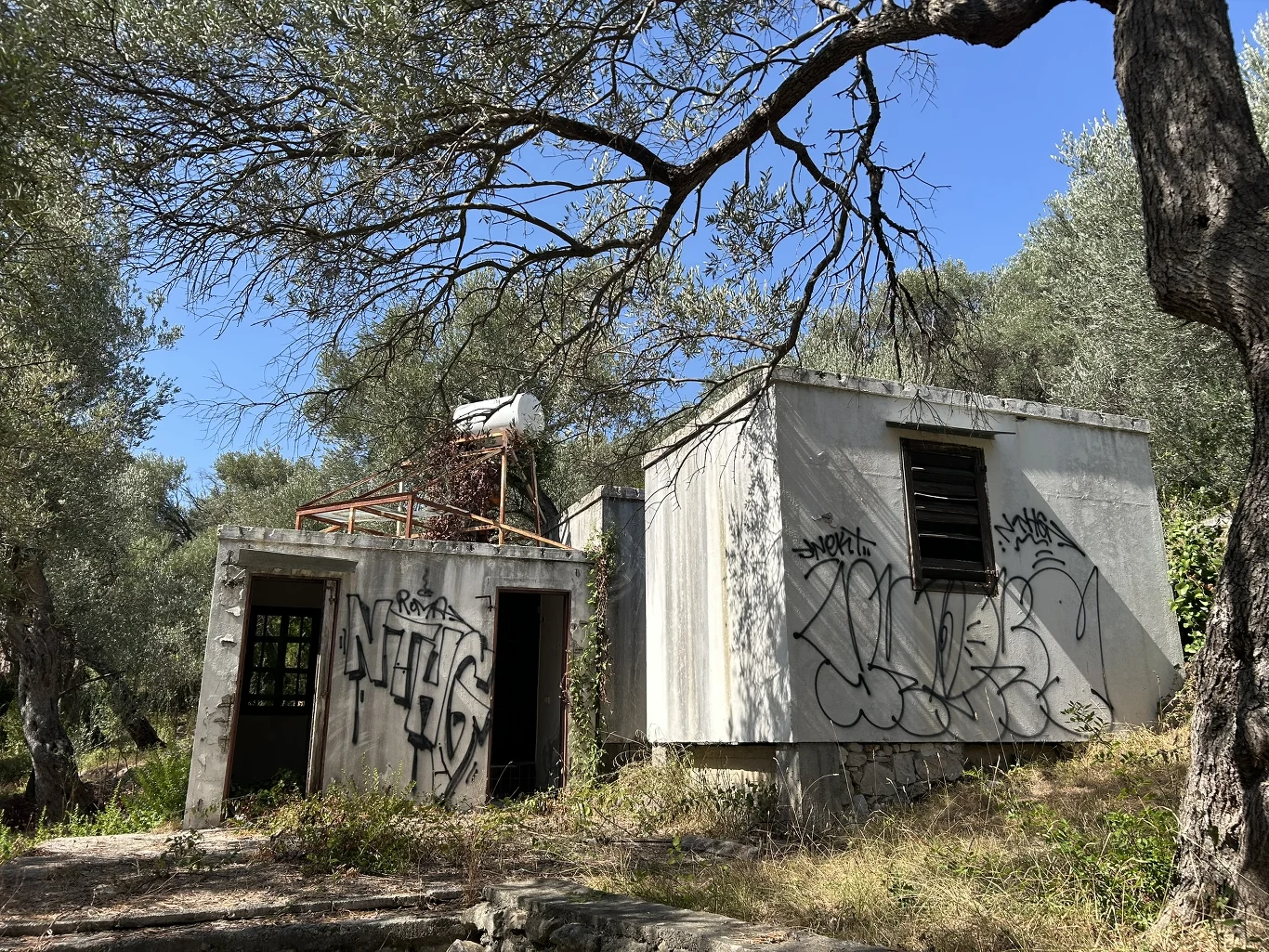 Jeden z domków na terenie opuszczonego dziś ośrodka/ Fot. Katarzyna Pruszkowska Opuszczone betonowe budynki pokryte grafiti pośród drzew oliwnych, z rozbitymi szybami i zardzewiałymi elementami konstrukcji na dachu.