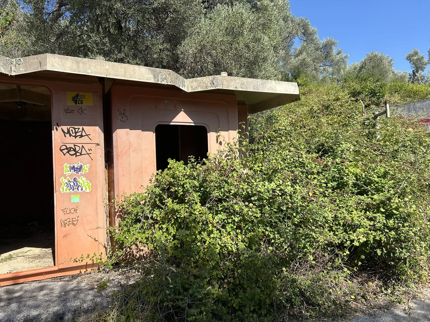 Budynek dawnej poczty/ Fot. Katarzyna Pruszkowska Zaniedbany budynek z graffiti na ścianach otoczony gęstymi krzewami i dziką roślinnością, w tle drzewa i niebo bez chmur.