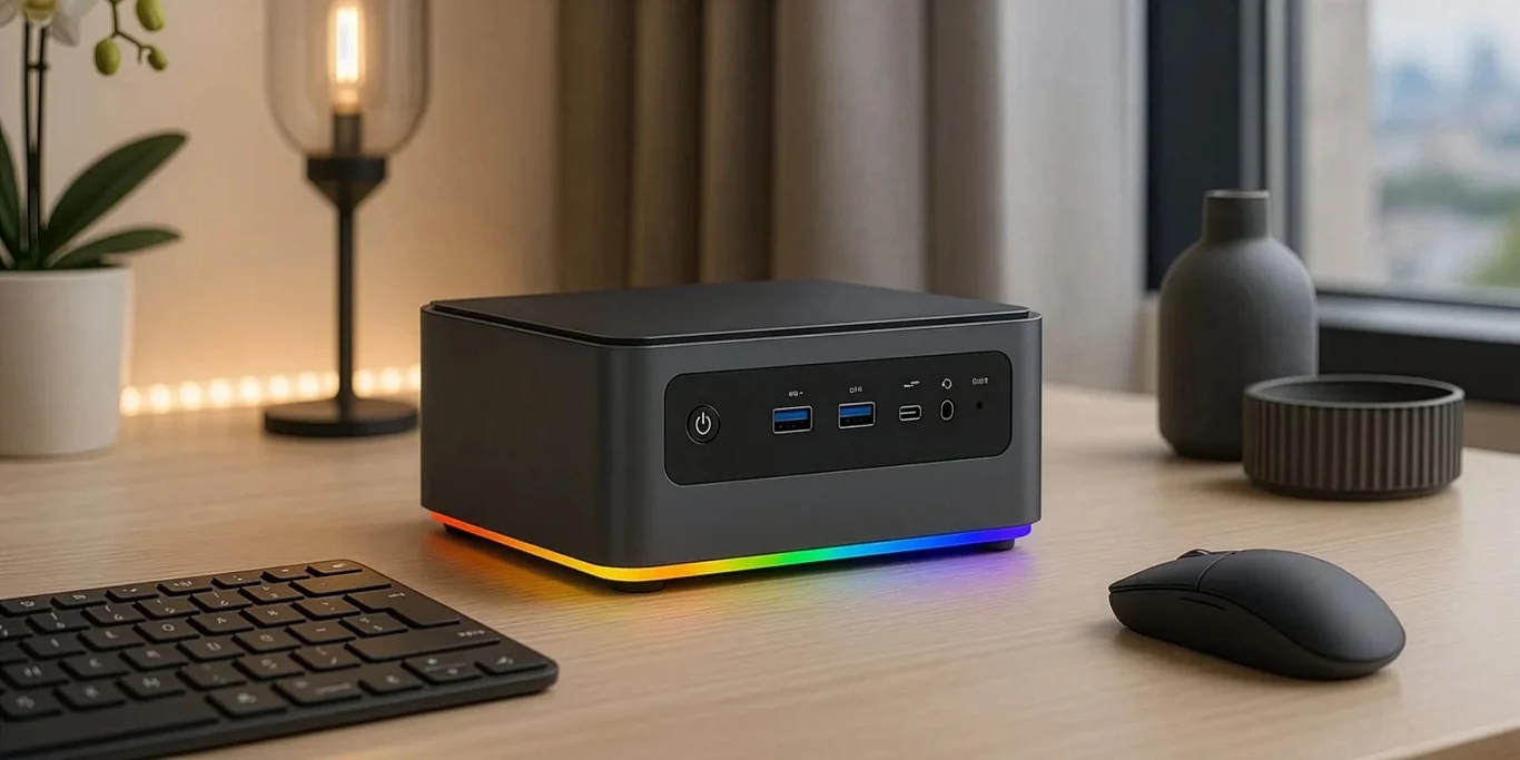 Mini-PC QOOBE Mini PC QOOBE z podświetleniem RGB na drewnianym biurku obok klawiatury i myszy w nowoczesnym wnętrzu.