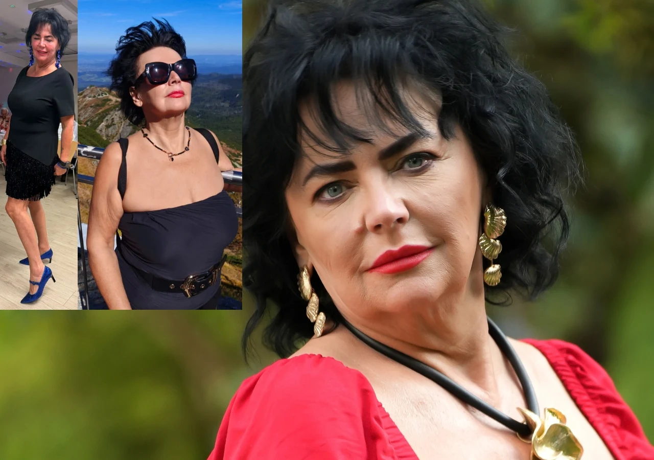 Emilia z "Sanatorium miłości" bawiła się w Zakopanem Kobieta z ciemnymi, kręconymi włosami i wyrazistym makijażem, ubrana w czerwoną bluzkę i złote kolczyki, na tle przyrody; w lewym górnym rogu dwa mniejsze zdjęcia tej samej kobiety w eleganckich stylizacjach, w tym w ciemnej sukience oraz w okularach p...