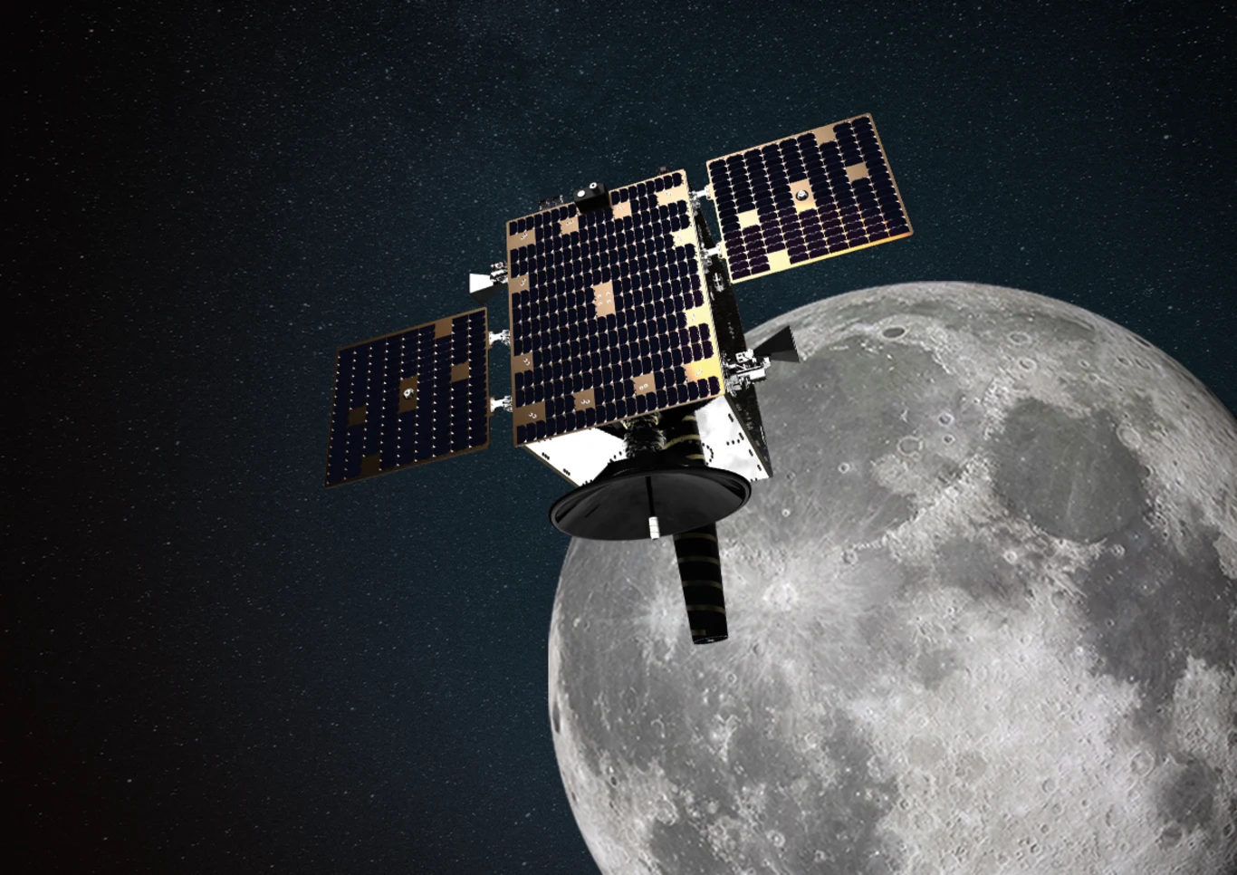 Satelita komunikacyjny Lunar Pathfinder Europejskiej Agencji Kosmicznej. Satelita z rozłożonymi panelami słonecznymi unoszący się nad powierzchnią Księżyca na tle czarnego nieba.