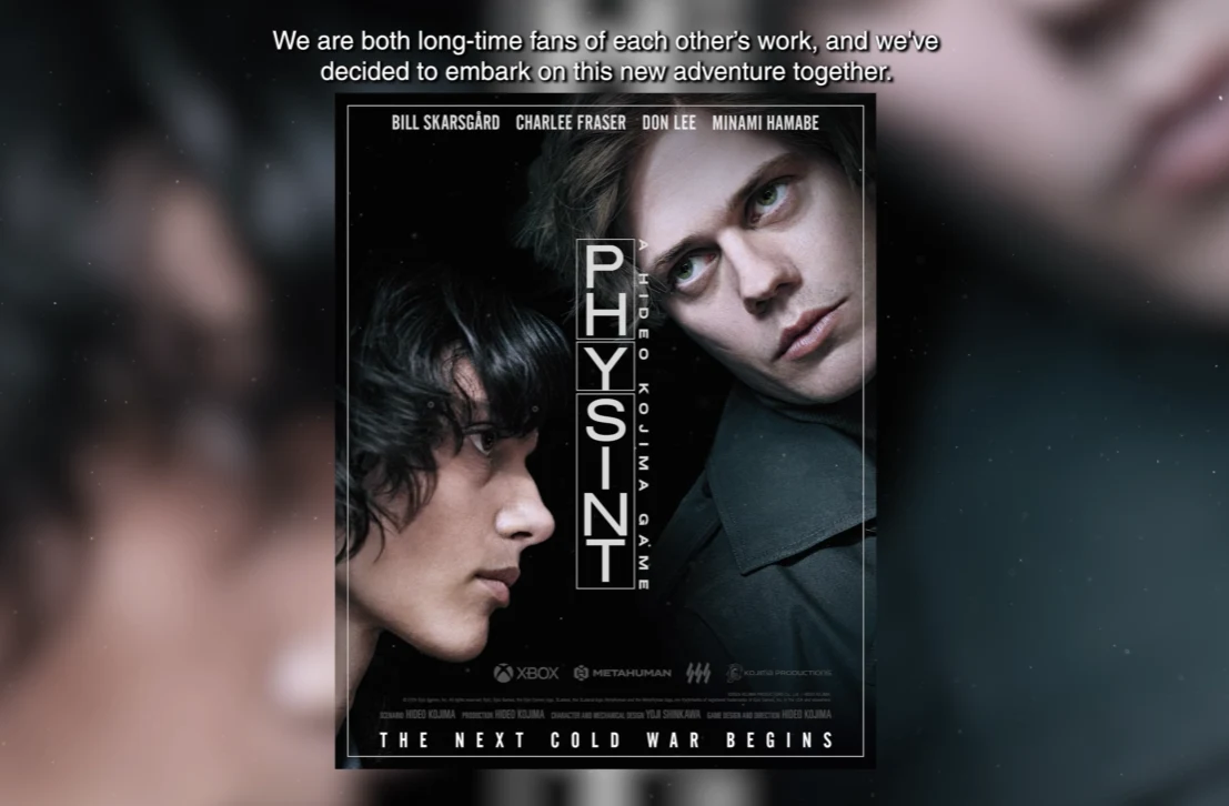 Plakat filmowy z dużymi portretami dwóch osób w ciemnej kolorystyce, tytuł PHYSINT napisany pionowo, u dołu hasło The next Cold War begins oraz nazwiska aktorów Bill Skarsgård, Charlee Fraser, Don Lee, Minami Hamabe.