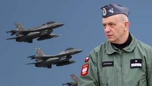 Na pierwszym planie generał Tomasz Drewniak (STEFAN MASZEWSKI/REPORTER), w tle wielozadaniowy samolot myśliwski F-16 Block 52+