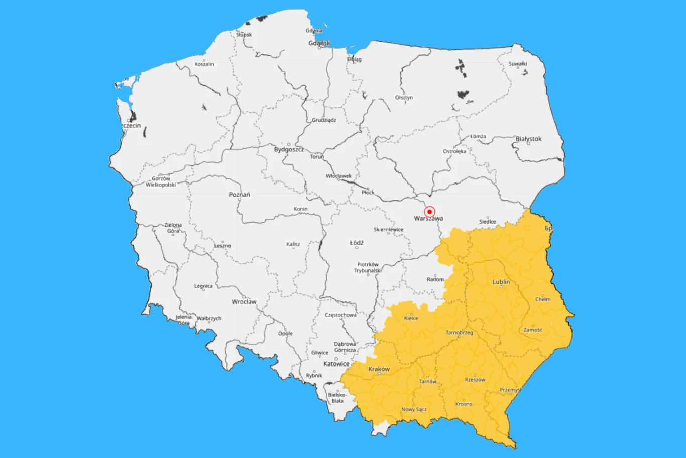 W czwartek wieczorem w pięciu województwach mogą się pojawić gęste mgły - ostrzega IMGW Wschodnia i południowo-wschodnia część Polski wyróżniona kolorem żółtym na tle reszty województw w kolorze białym, granice województw wyraźnie zaznaczone, na środku kraju niewielkie czerwone oznaczenie.