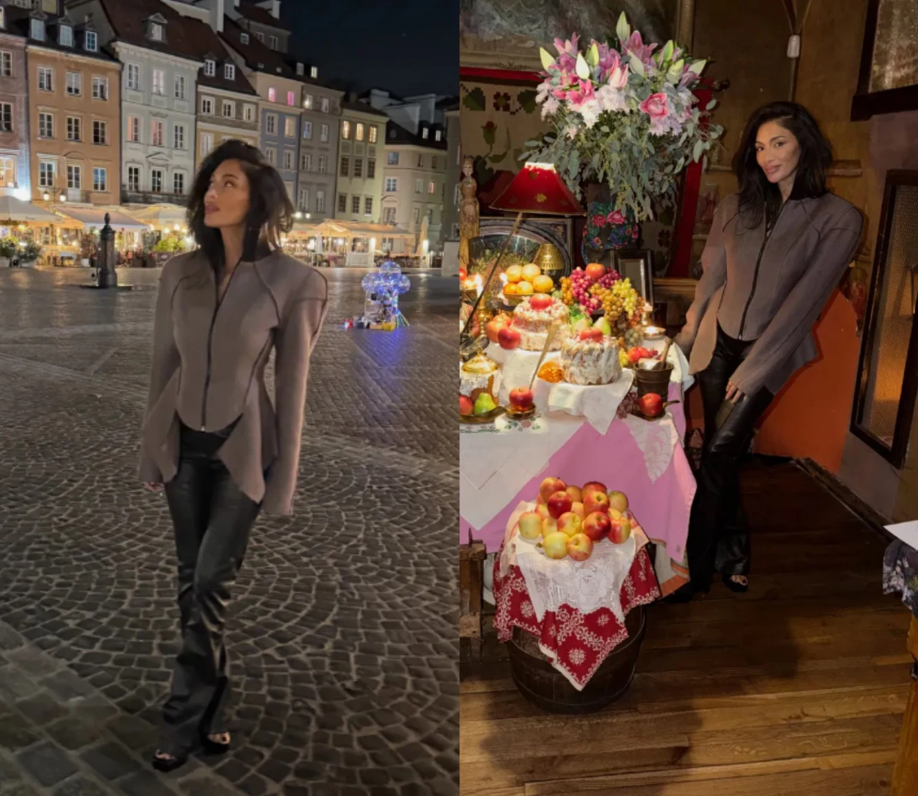 Nicole Scherzinger w Warszawie/Instagram:@nicolescherzinger Kobieta w eleganckim stroju stoi na brukowanym placu miejskim oraz przy rustykalnym stole zastawionym owocami i ozdobionym dużym bukietem kwiatów.
