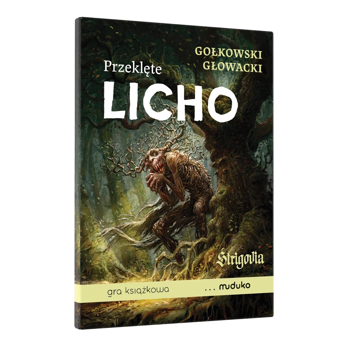 Przeklęte Licho Okładka gry książkowej z tytułem 'Przeklęte Licho', przedstawiająca fantastycznego stwora z rogowymi wyrostkami wśród zarośniętego, mrocznego lasu; w górnej części widoczne nazwiska autorów: Gołkowski i Głowacki, na dole logo wydawnictwa Muduko.