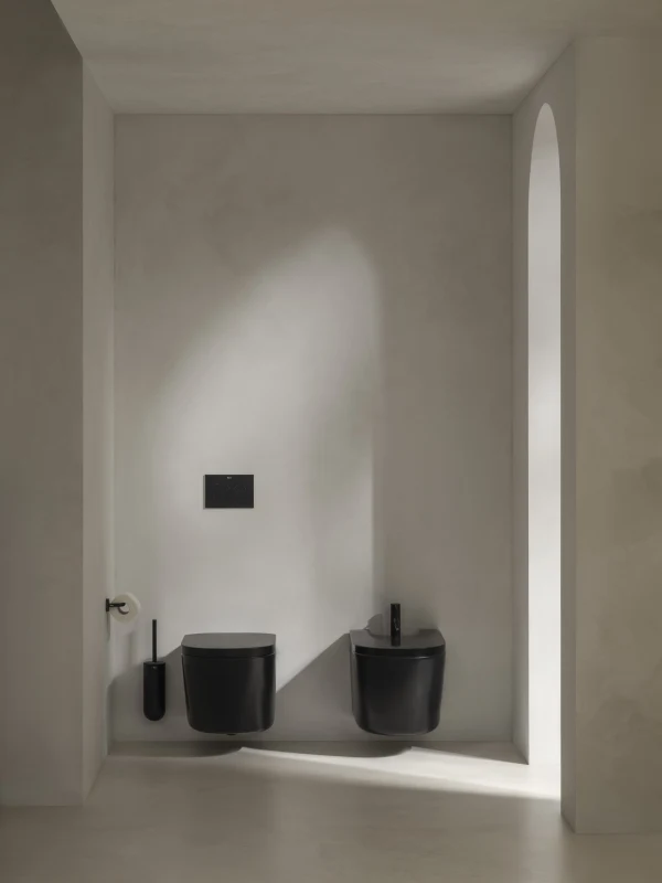Kolekcja Meridian od Roca Nowoczesna toaleta z czarną miską WC i bidetem na tle jasnej, minimalistycznej ściany, podkreślona światłem wpadającym przez wysokie, łukowate przejście.