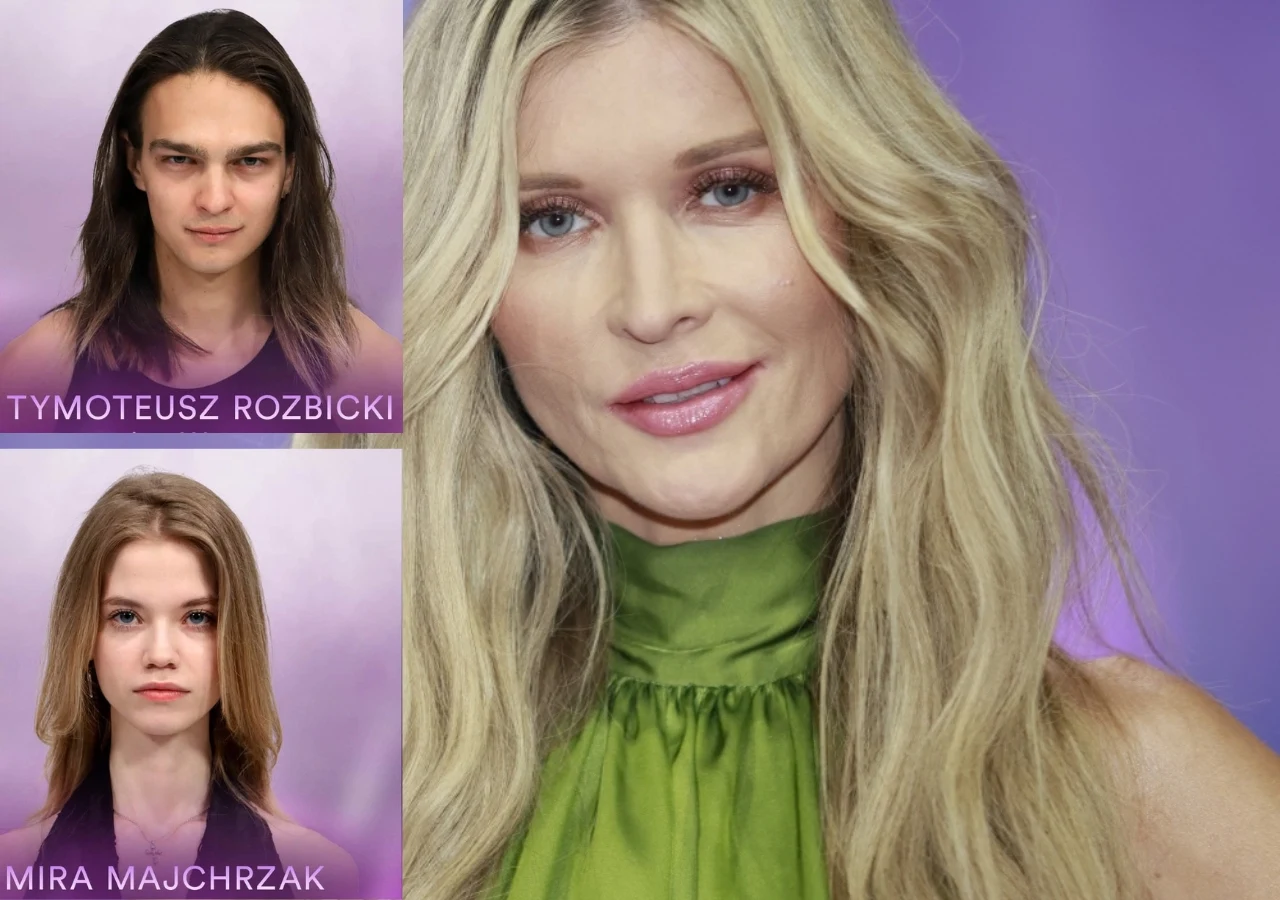 Trzy portrety na tle w odcieniach fioletu, w tym duża sylwetka kobiety o długich, jasnych włosach i zielonej sukni oraz dwa mniejsze zdjęcia młodego mężczyzny i młodej kobiety z podpisami imion i nazwisk.
