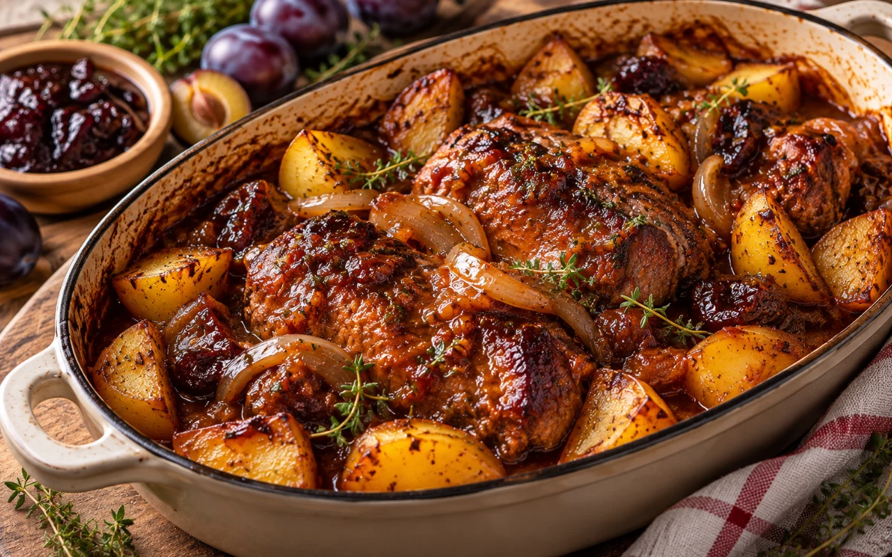 Soczyste kawałki pieczonego mięsa z ziemniakami, cebulą i śliwkami w aromatycznym sosie, udekorowane świeżym tymiankiem, podane w ceramicznej brytfannie.