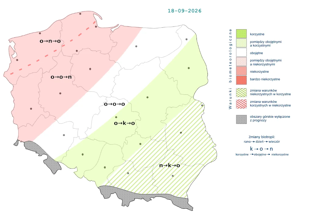 Pogoda będzie mniej sprzyjająca na północy i zachodzie kraju. Lepszych warunków w ciągu dnia można się spodziewać na południowym wschodzie Mapa Polski z oznaczeniem stref bioklimatycznych na 18 września 2026 roku; obszar północno-zachodni i zachodni objęty bardzo niekorzystnymi warunkami bioklimatycznymi zaznaczony na czerwono, centralny biały z neutralnymi warunkami, a wschodnia i połudn...
