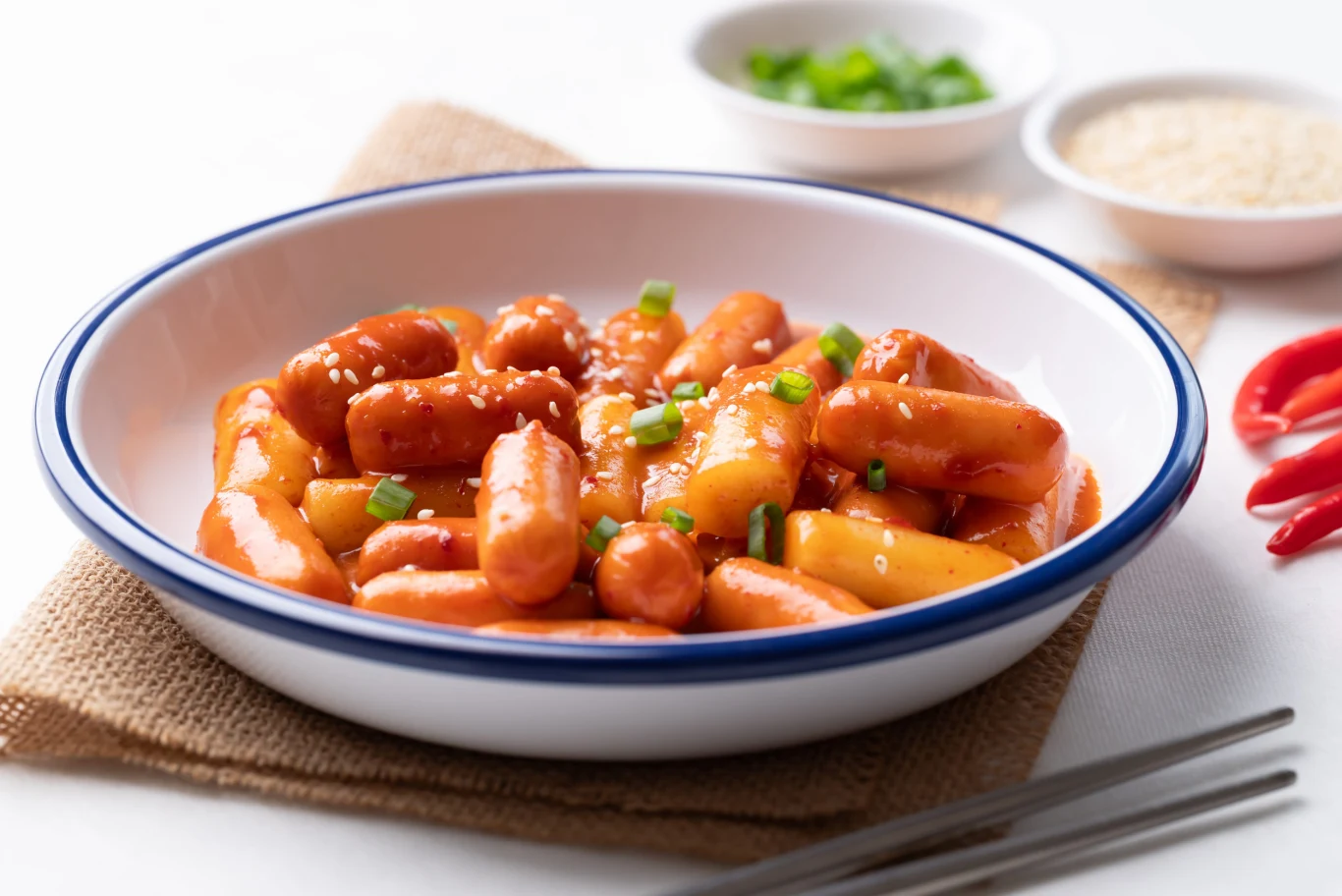 Sekrety idealnego tteokbokki. Najlepszy przepis na kluski ryżowe w koreańskim stylu Tteokbokki – kluski ryżowe w pikantnym sosie z sezamem i szczypiorkiem, podane w białej misce z niebieską krawędzią