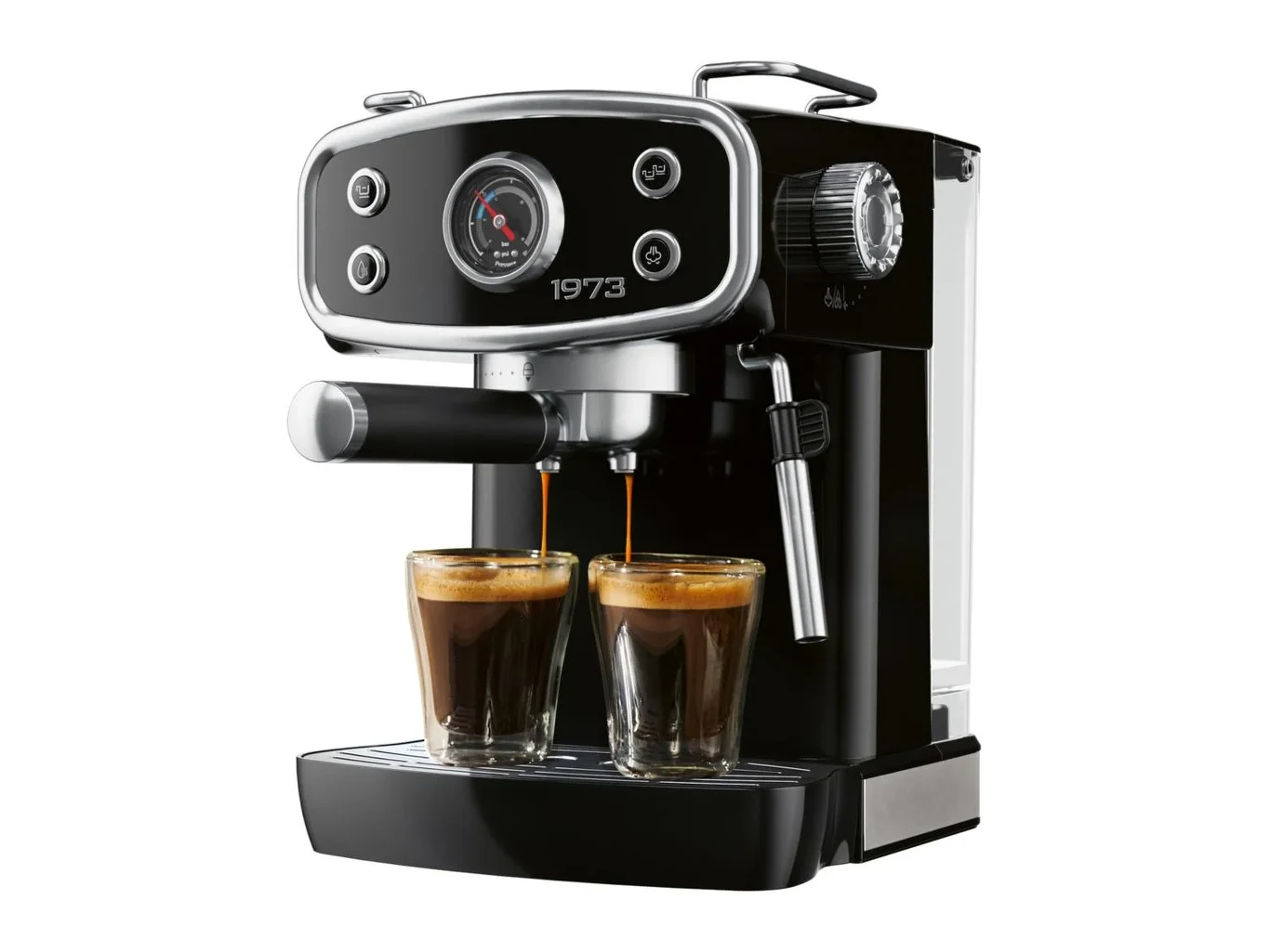 Czarny ekspres ciśnieniowy z chromowanymi detalami przygotowuje jednocześnie dwie filiżanki espresso, które stoją na ociekaczu pod podwójną wylewką.