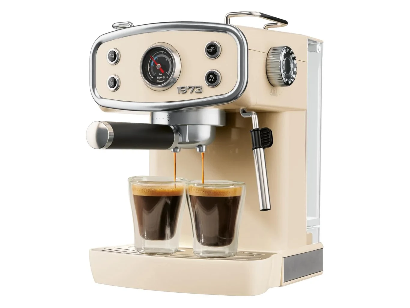 Kremowy ekspres do kawy w stylu retro parzy dwa espresso do szklanych filiżanek ustawionych na tackę ociekową.