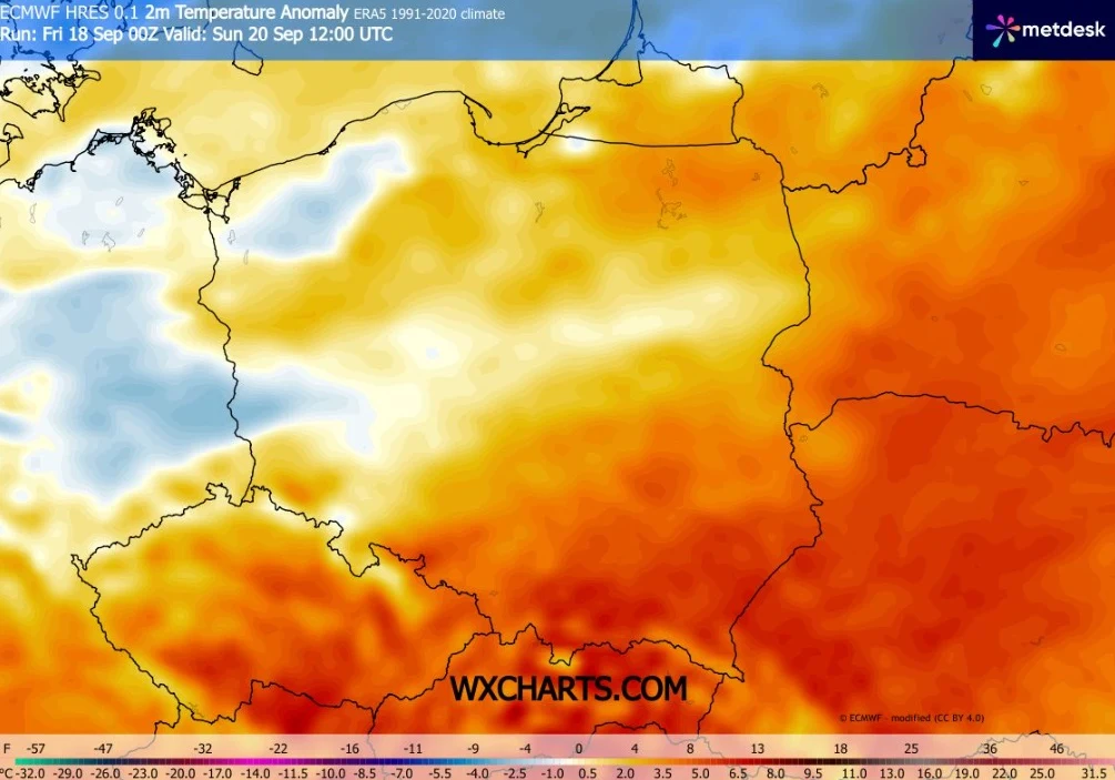 W weekend będzie ciepło, zwłaszcza na południowym wschodzie. Tam w niedzielę może być do 25 stopni Mapa Europy Środkowej pokazująca anomalię temperatury powietrza przy powierzchni gruntu – największe ocieplenie zaznaczone intensywnymi odcieniami pomarańczowego i czerwieni obejmuje wschodnią i południową Polskę, podczas gdy w centralnej i północno-za...