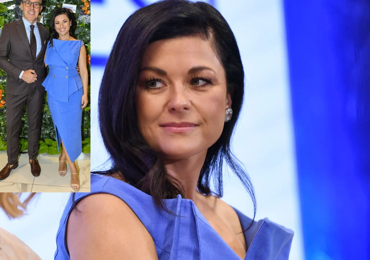Katarzyna Cichopek i Maciej Kurzajewski na 13. Kongresie Kobiet Biznesu Kobieta o ciemnych włosach w niebieskiej eleganckiej sukience uśmiecha się delikatnie, obok niej w mniejszym kadrze widoczna jest ta sama kobieta stojąca przy mężczyźnie w garniturze, oboje elegancko ubrani.