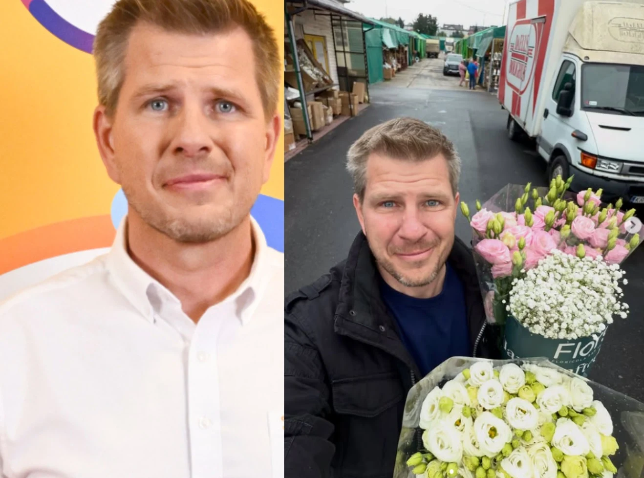 Filip Chajzer przygotowuje się do ślubu/Instagram:@filip_chajzer Mężczyzna o jasnych włosach i niebieskich oczach, ubrany w białą koszulę, a na drugim zdjęciu trzymający bukiety świeżych różowych i białych kwiatów, stojący na tle targowiska z kwiatami i samochodów dostawczych.